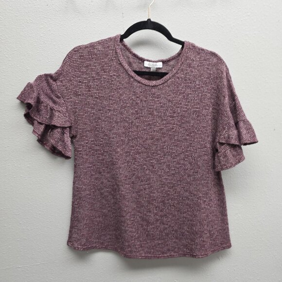 Moa Moa Shirt Womens Large Purple Marled Ruffle Sleeve Short Sleeve Knit Top - Picture 1 of 7